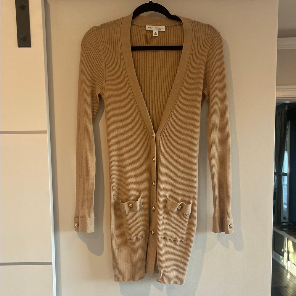 Banana Republic Camel Ribbed Button-Front Cardigan w/ Tie - Picture 1 of 7